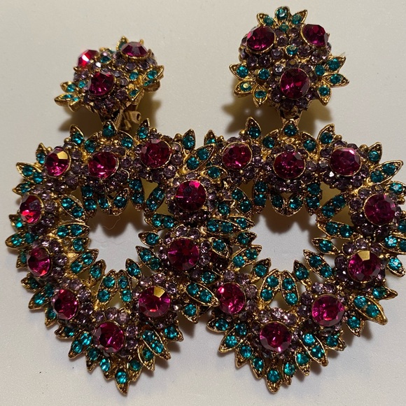 THELMA DEUTSCH EARRINGS: Large Heart Dangle with Fuschia/Violet/Turquoise stones - Picture 4 of 5